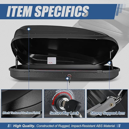 Auto Dynasty Hard Shell Roof Top Mount Car Storage Travel Luggage Box Cargo Carrier, 55 (L) x 34.5 (W) x 14 (H) Inches, Capacity 110 Pounds, 12.7 Cubic Feet (Tool-Free Install), Textured Black Finish