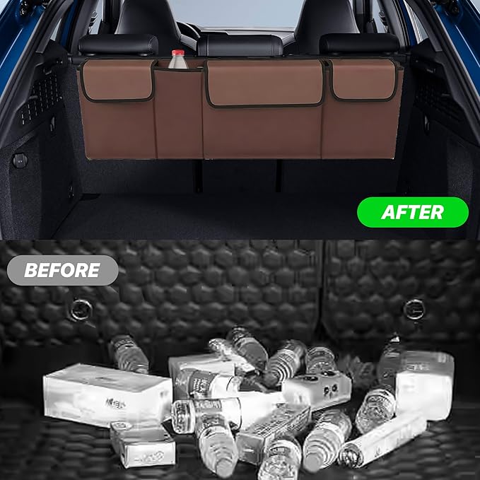 Car Trunk Organizer, Waterproof Backseat Hanging Large Storage with Adjustable Straps, Collapsible Cargo Bag with 4 Pockets, Car Interior Accessories for Truck, SUV, MPV (Brown)