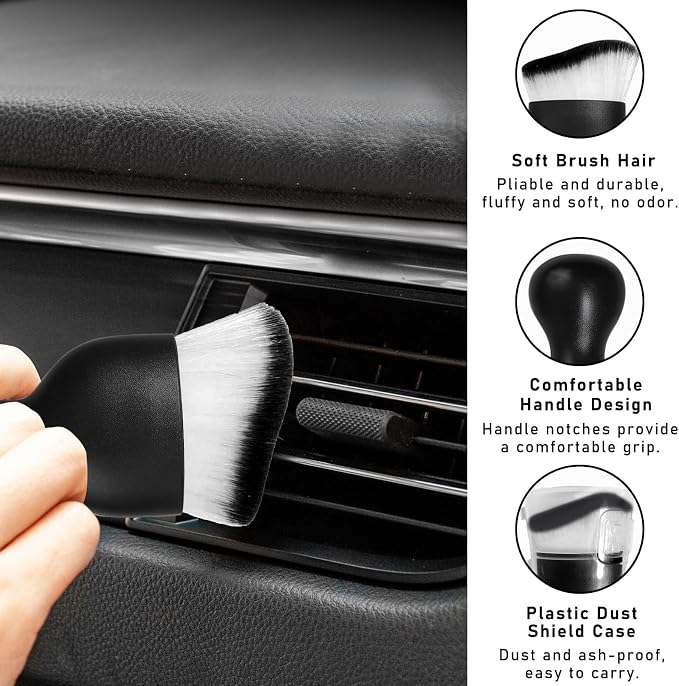 Dickno 2PCS Car Interior Dust Brush, Soft Scratch Free Auto Detailing Brushes, Universal Vehicle Interior Cleaning Tool for Automotive Dashboard, Air Vents, Leather (White & Black)