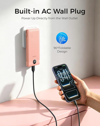 VEGER Portable Charger Power Bank with Built-in AC Plug and Cables, All in One 10000mAh Ultra Slim Travel Essentials, Fast Charging Battery Pack Compatible with iPhone, Samsung, More, Dark Pink
