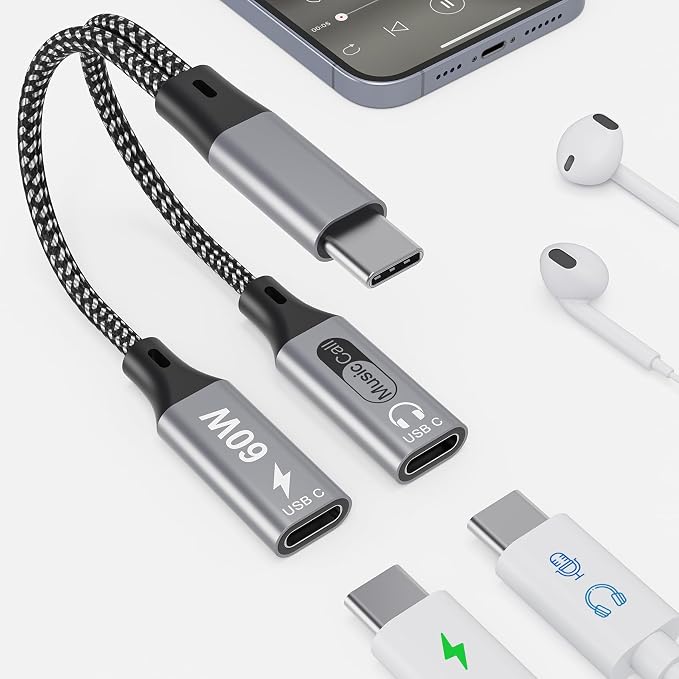 Dual USB C Headphone and Charger with PD 100W Fast Charging, USB C Splitter Audio and Charging Surpport Music, Calling, Dual Type C Dongle Adapter for iPhone 16/15 Series, iPad, MacBook, Android