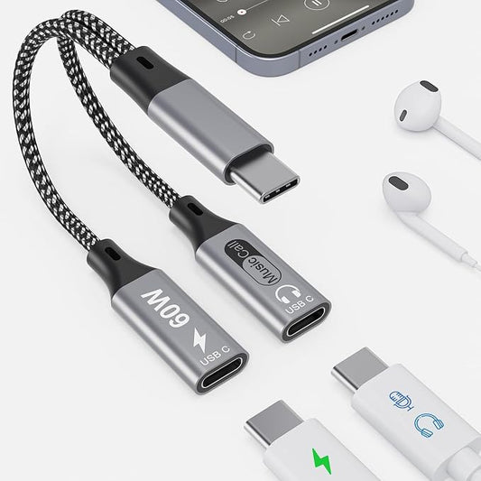 Dual USB C Headphone and Charger with PD 100W Fast Charging, USB C Splitter Audio and Charging Surpport Music, Calling, Dual Type C Dongle Adapter for iPhone 16/15 Series, iPad, MacBook, Android