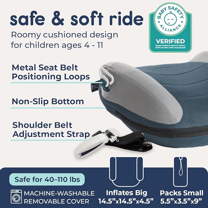 Hiccapop UberBoost Inflatable Backless Booster Seat for Kids, Portable Travel Car Seat | Ocean Steel Blue