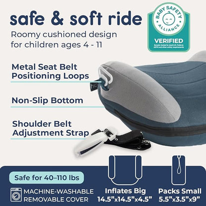 Hiccapop UberBoost Inflatable Backless Booster Seat for Kids, Portable Travel Car Seat | Ocean Steel Blue