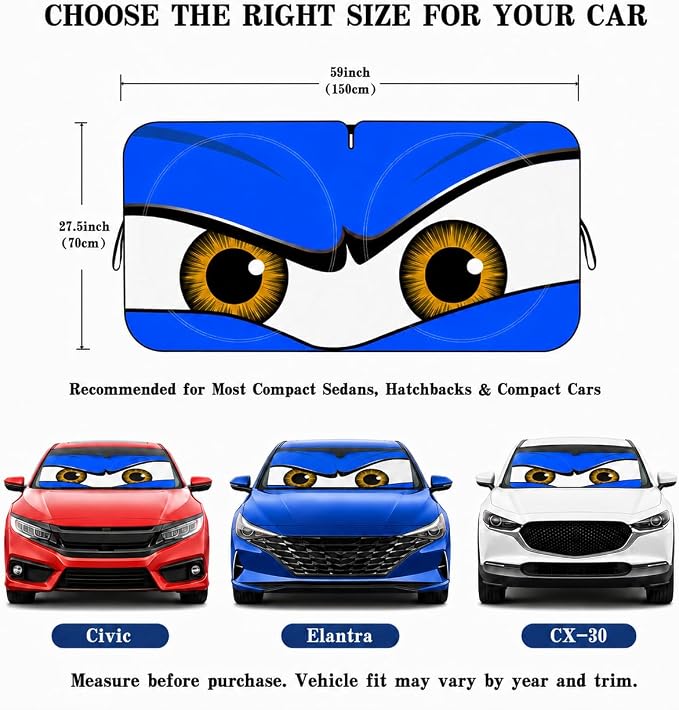 Car Windshield Sun Shade, Blue Monster Eyes Sun Visor for Car Windshield Universal Fits Sedan Compact Car Hatchback SUV - 59 x 27.5