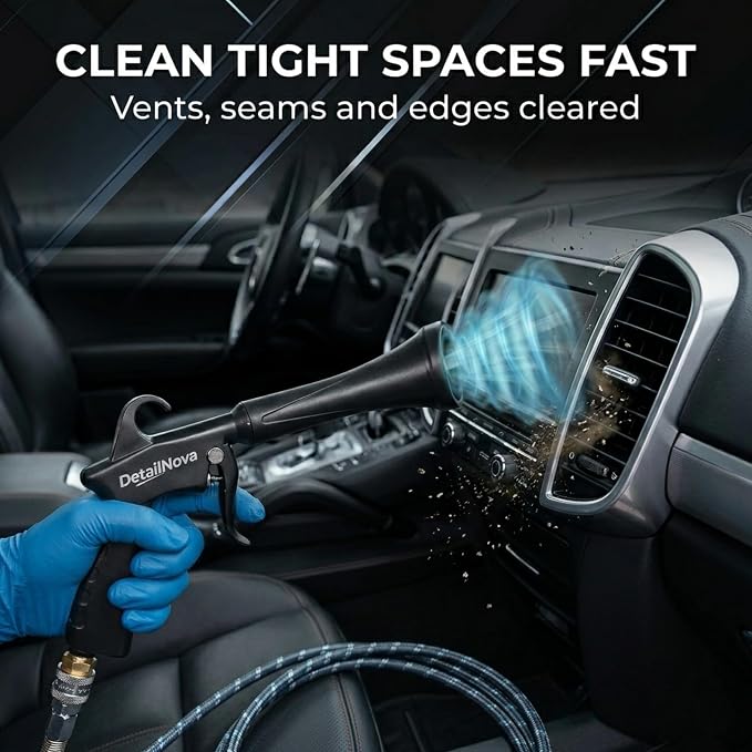 Air Blow Gun for Car Detailing - Durable Tornado Air Gun with Brush Nozzle, Storage Bag, 3 Compressor Adaptors & Microfiber Towel - Requires Compressor, Easy to Set Up
