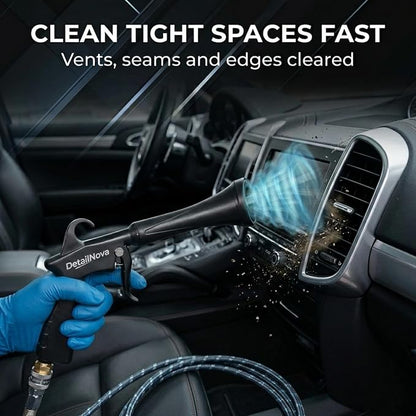 Air Blow Gun for Car Detailing - Durable Tornado Air Gun with Brush Nozzle, Storage Bag, 3 Compressor Adaptors & Microfiber Towel - Requires Compressor, Easy to Set Up