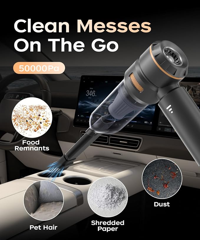 VNOST Car Vacuum,3 Suction Modes,Portable Mini Cordless Cleaner with 50000pa Suction Power,Type-C Charge,Handheld Vacuum for Home,Car,Birthday Gifts for Men Dad Husband (Black and Gold)