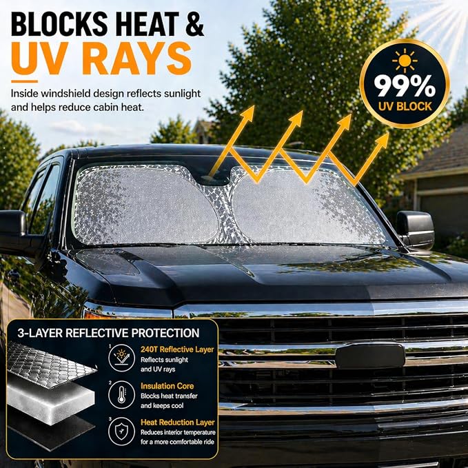 Windshield Sun Shade for Chevy Silverado 1500 2019-2026, Silverado 2500HD 3500HD 2020-2026 Accessories, Custom Fit Foldable Front Window Sunshade Visor, UV Heat Protection Interior Cover.