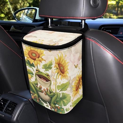 Talayituse Frog Sunflower Butterfly Print Car Trash Bin, Large Size Auto Trash Can Adjustable Portable Garbage Can with Lid, Vehicle Hanging Bag for Headrest Front Back Seat