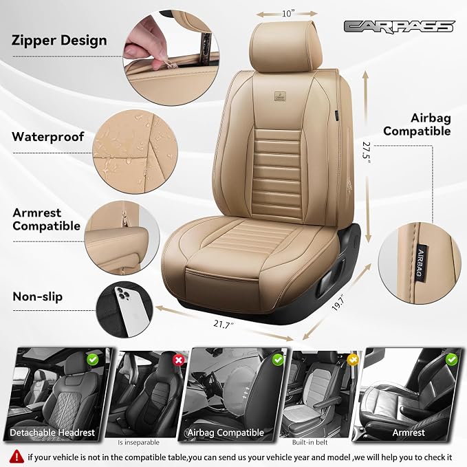 CAR PASS Nappa Leather Car Seat Covers Front Seats, Luxury Seat Protector for Cars, Waterproof Anti-Slip Seat Cushion Airbag Compatible Universal for Sedan SUV Pick-up Truck Automotive Vehicle, Beige