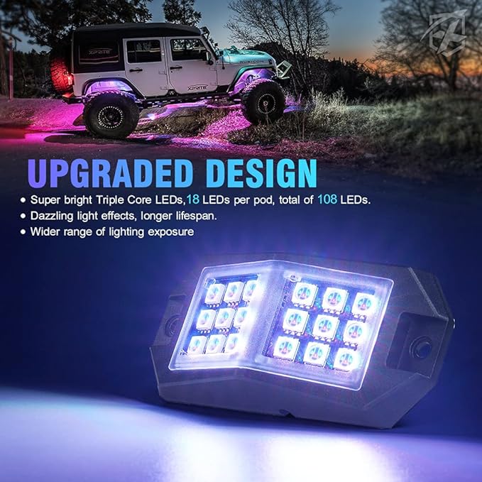 Xprite Jeep Rock Lights 10 Pods Wide Angle Bluetooth RGB LED Rocklights Kit, Multicolor Neon Lighting Footwell Underglow Kits w/Wireless Remote, Compatible Off-Road Trucks Cars UTV ATV SUV RZR