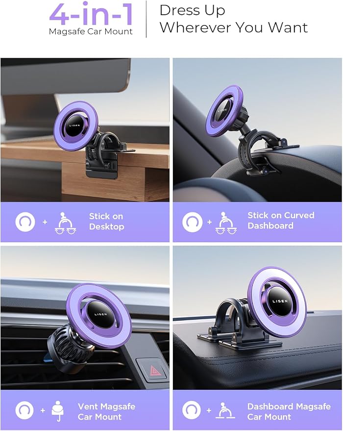 LISEN Fits MagSafe Car Mount Car Phone Holder,Strong Magnetic Phone Holder for Car Magsafe, Dashboard Vent iPhone 16 Car Mount Holder Car Accessories for iPhone 16 15 14 13 12 Pro Max,Purple Kits