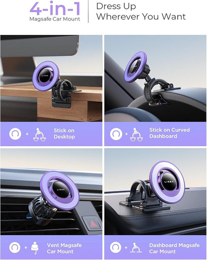 LISEN Fits MagSafe Car Mount Car Phone Holder,Strong Magnetic Phone Holder for Car Magsafe, Dashboard Vent iPhone 16 Car Mount Holder Car Accessories for iPhone 16 15 14 13 12 Pro Max,Purple Kits