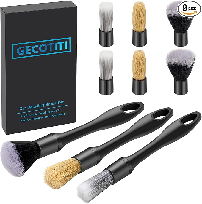 9 Pcs Car Detailing Brush Set No Scratch for Clean Interior or Exterior, Dashboard, Air Vent, Leather Seats, Emblems, Tires, Engine Bay (6 PCS Replacement Brush Head)