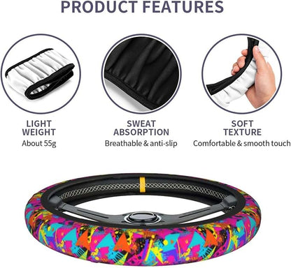 Retro 80s 90s Steering Wheel Covers Non Slip Neoprene Universal 15 Inch Steering Wheel Protector Car Cover for Men Women
