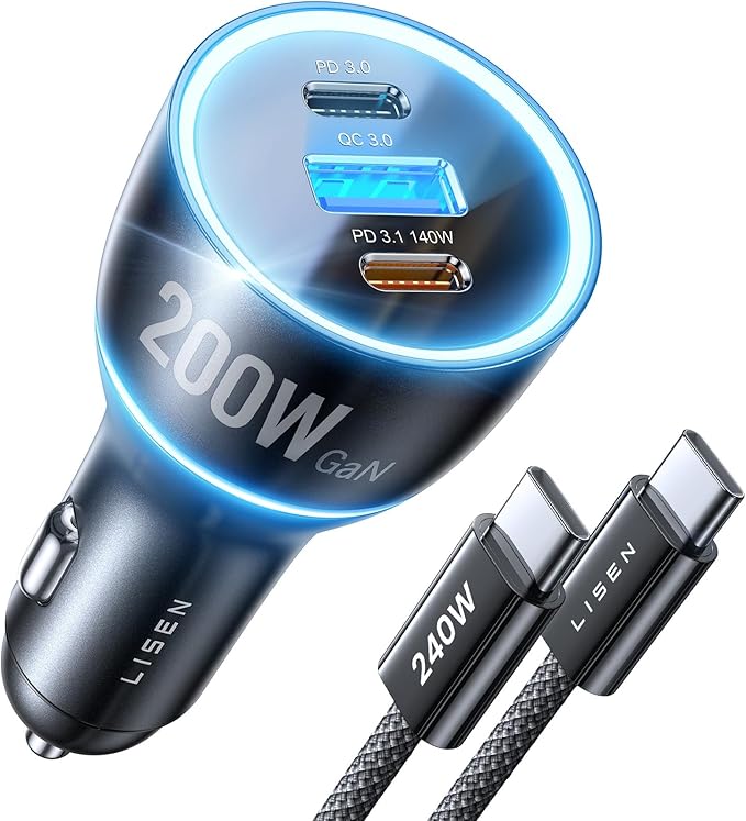 LISEN 200W Car Charger USB C Fast Charge [GaN] PD 140W Fast Car Charger USB C, Cigarette Lighter Adapter for Multi Device, for iPhone 17 16 15 14 13 12, MacBook Pro, Laptop, iPad, Samsung S26 S25