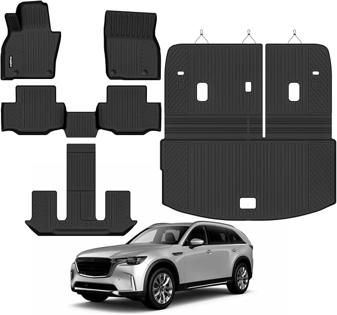 Floor Mats for 2024 2025 2026 Mazda CX-90 7 Seats/Captain Seat, Trunk Mat with Backrest Mat All Weather TPE Protector for Mazda CX-90 Accessories