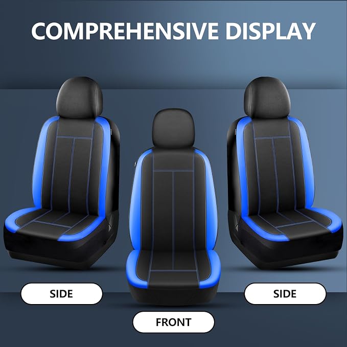 HChengkikz Car Seat Covers Front Seat, Waterproof Neoprene Car Seat Covers, Car Seat Cover Airbag Compatible, Universal Fit for Most Cars, Trucks, SUVs (Black + Blue)