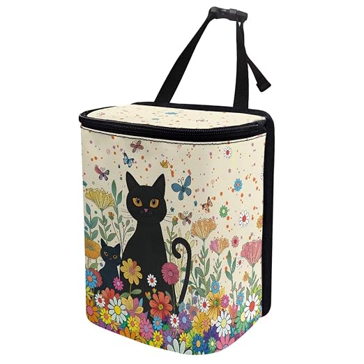 Cat Butterfly Colorful Daisy Pattern Car Trash Can with Lid and Zipper Portable Foldable Trash Bin for Car Interior Accessories Multipurpose Garbage Can Bags Storage Organizer