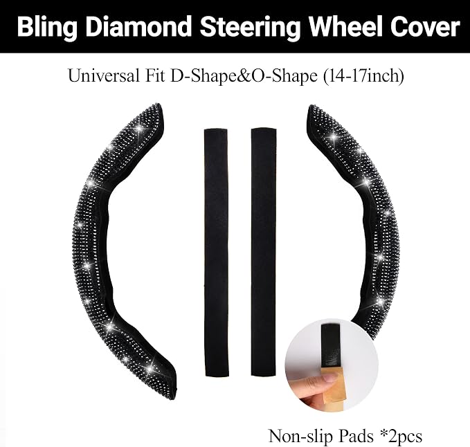 CAR PASS 2PCS Bling Diamond Segmented Steering Wheel Cover with Crystal Rhinestones, Wheel Protector Non-Slip Cute Car Accessories Universal Fit D-Shape O-Shape 14.5" to 16" for Women, Black Diamond