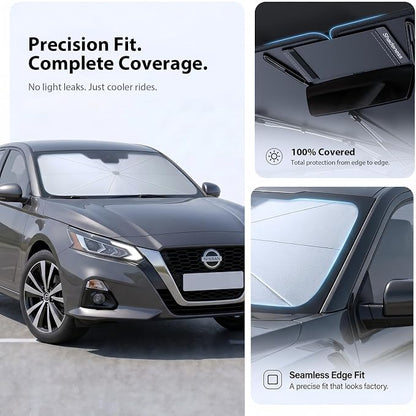 2026 Upgraded Windshield Sun Shade Umbrella for Nissan Altima [Precision Custom Fit, Superior UV & Heat Block] Cooling Tech Fabric, Durable Foldable with Storage Bag, Fits 2000-2025