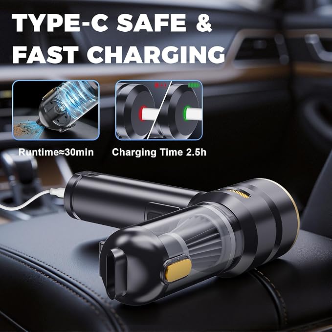 23000PA Portable Cordless Car Vacuum Cleaner,with Digital Display and 3-Speed Suction,Mini Handheld Vacuum for Car,LED Light,One-Touch Dust Emptying,Multiple Functions and Fast Charging