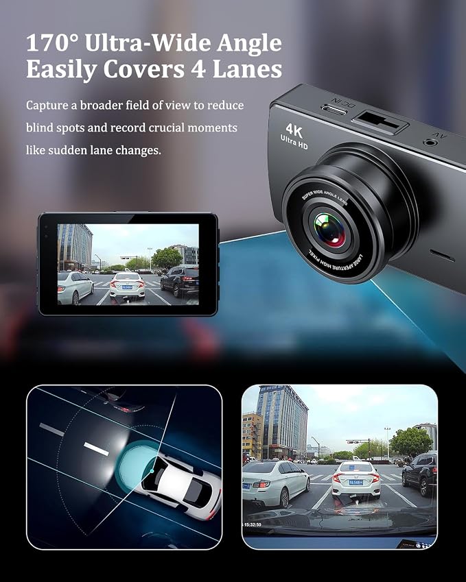 Dash Cam Front and Rear, Dash Camera for Cars 4K+1080, Dashcam Built-in WiFi, APP Control, 32GB Card Included, 3" IPS Touch Screen, 24H Parking Monitor, Night Vision, G-Sensor