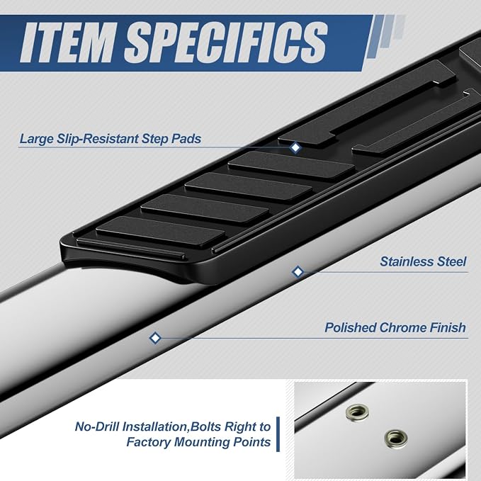 Auto Dynasty 5" Running Boards Compatible with 1999-2014 Chevy Silverado GMC Sierra 1500 2500 3500 Extended Cab, Stainless Steel Nerf Bars, Polished Chrome Non-Slip Side Steps