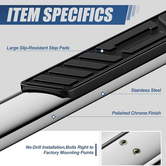 Auto Dynasty 5" Running Boards Compatible with 1999-2014 Chevy Silverado GMC Sierra 1500 2500 3500 Extended Cab, Stainless Steel Nerf Bars, Polished Chrome Non-Slip Side Steps