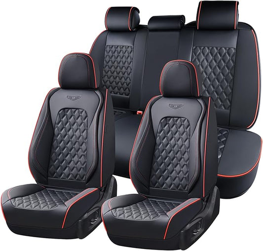 Coverado Full Set Car Seat Covers, Luxury Faux Leather Waterproof Seat Covers, 5-Seat Universal Fit, Front & Back Car Seat Protectors,Leather Seat Covers for Most Cars-Black & Red Line