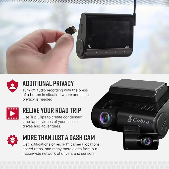 Cobra Smart Dual View Front and Rear Dash Cam (SC 250R) – True 4K Resolution, 360 Alerts, Parking Live View, Incident Reports, Emergency MayDay, 32 GB SD Card Included, CarPlay & Android Auto