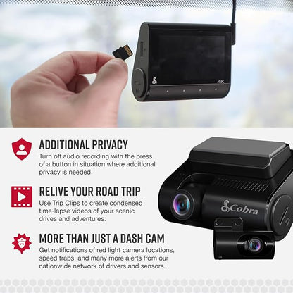 Cobra Smart Dual View Front and Rear Dash Cam (SC 250R) – True 4K Resolution, 360 Alerts, Parking Live View, Incident Reports, Emergency MayDay, 32 GB SD Card Included, CarPlay & Android Auto