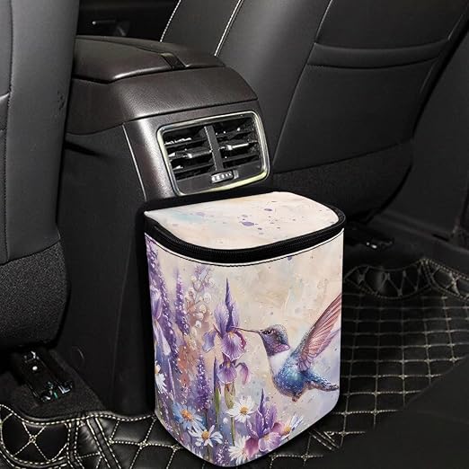 Talayituse Hummingbird Daisy Lavender Print Car Trash Bin, Large Size Auto Trash Can Adjustable Portable Garbage Can with Lid, Vehicle Hanging Bag for Headrest Front Back Seat