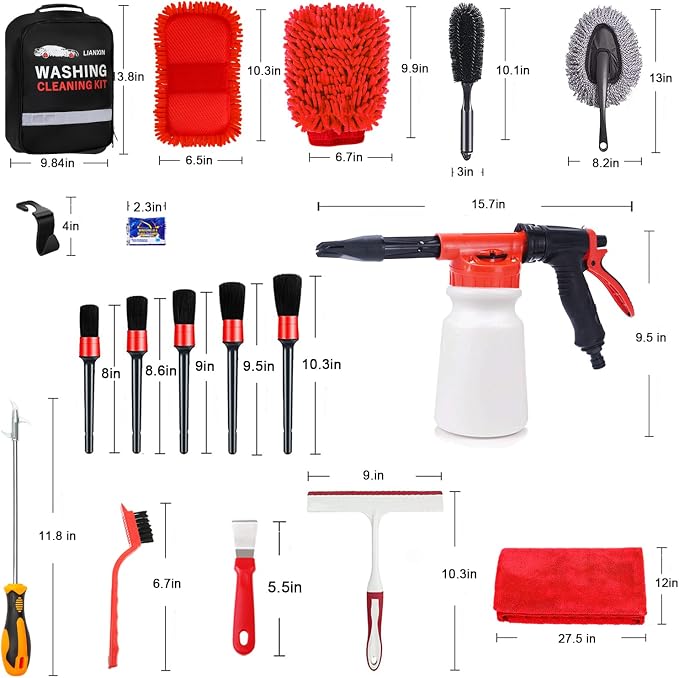 LIANXIN Car Wash Kit with Foam Gun, Car Cleaning, Car Wash Detailing Kit | Car Washing Kit High-Pressure Foam Spray, Microfiber, Wheel and Tire Deep Brush Cleaning, Ideal for Home Car Detailing
