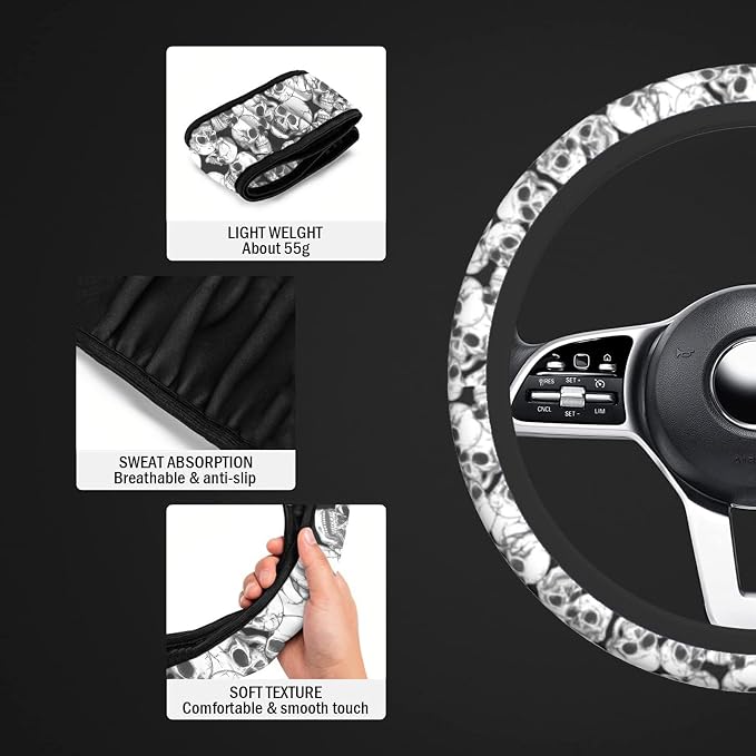 Halloween Skull Steering Wheel Cover, Anti-Slip Skeleton 15 Inches Car Steering Wheel Cover for Women Men, Neoprene Floral Car Accessories Protective Case for Vehicle Truck SUV