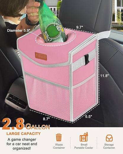 Pritent Car Trash Can with Lid, Cute Leakproof Car Trash Garbage Bag Hanging Vehicle Trash Bin Small Portable Automotive Garbage Cans Organizer for Back/Front Seat/Console(2.8 gal,Pink