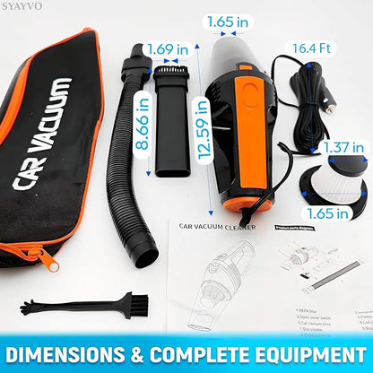 SYAYVO Portable Car Vacuum Cleaner - 8000PA/100W/DC12V Corded Vacuum Cleaner Handheld Vacuum with Attachments, LED Light Cleaning Kit 16.4 Ft Car Detailing Accessories for Women & Men