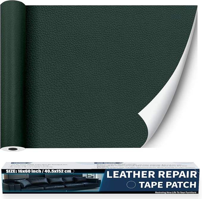 Zenyao Leather Repair Patch Tape - Self Adhesive Leather Repair Kit for Car Seat Furniture, Heavy Duty Vinyl Repair Patch for Couch Sofa, Waterproof Fix for Tears, 16x60 Inch Roll, Dark Green