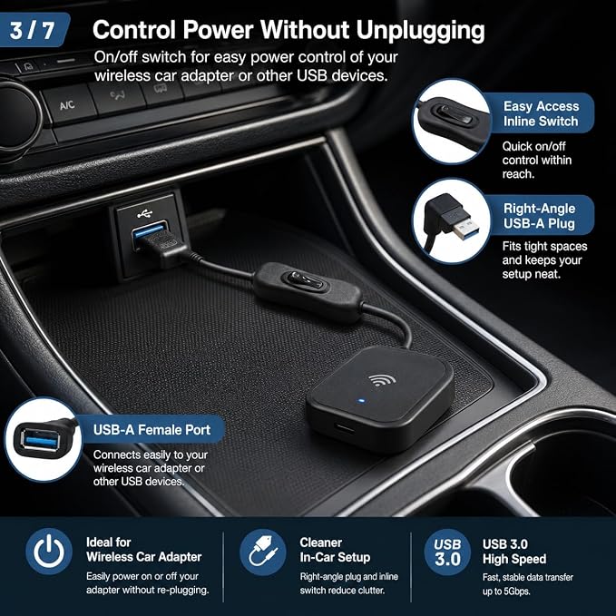 USB 3.0 ON/Off Switch Adapter for Wireless CarPlay | USB 3.0 switch adapter lets you turn compatible wireless CarPlay adapters on or off without unplugging