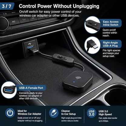 USB 3.0 ON/Off Switch Adapter for Wireless CarPlay | USB 3.0 switch adapter lets you turn compatible wireless CarPlay adapters on or off without unplugging