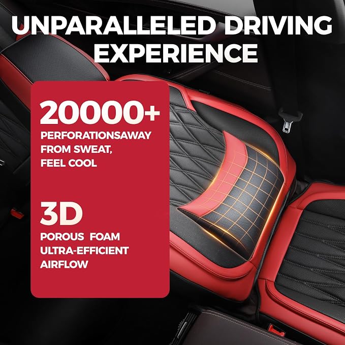 FREESOO Black Red Car Seat Covers Full Set - Faux Nappa Leather Seat Covers for Cars, Breathable Waterproof Front Seats with Lumbar Support and Rear Seat Cover, Fit for Automotive Sedans SUVs Pickups