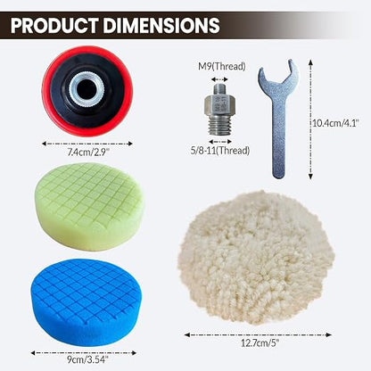 Buffing Polishing Kit for Milwaukee M12 Polisher/Sander,Includes M9 to 5/8-11 Adapter, 3" Backing Pad, Sponge and Wool Buffing Pads（9 Pcs）
