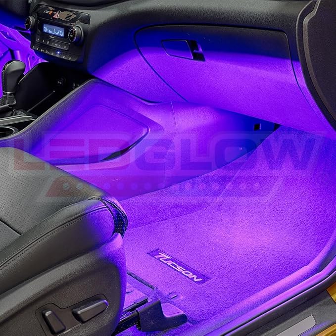 LEDGlow 4pc Purple LED Interior Footwell Underdash Neon Lighting Kit for Cars & Trucks - 7 Unique Patterns - Music Mode - 8 Brightness Levels - Auto Illumination - Includes Cigarette Power Adapter