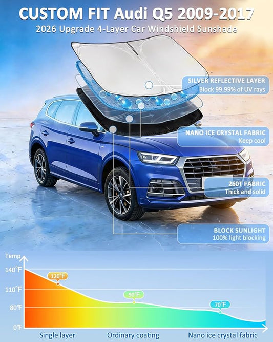 Windshield Sun Shade for Audi Q5 2009-2017 Sun Shade Upgrade 4 Layers Custom Fit Audi Q5 Car Window Shade Front Windshield Sun Visor Blocks UV Rays Keep Cool Foldable Car Windshield Accessories