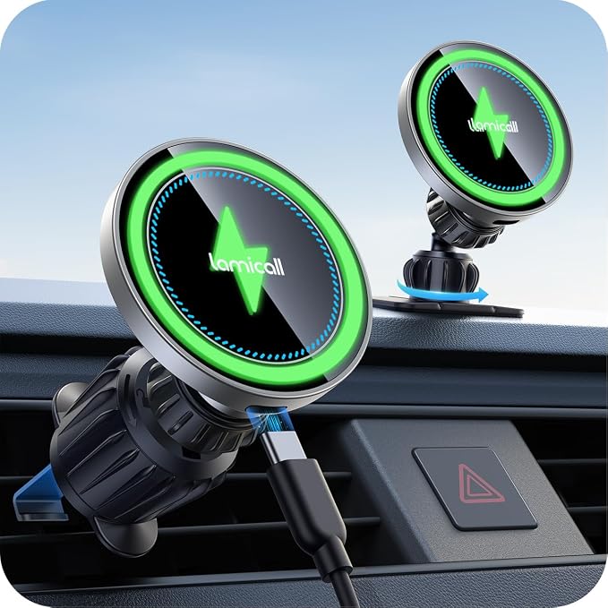 Lamicall 15W for MagSafe Car Mount Charger - [20X Strong Magnets] Wireless Car Phone Holder Charger, Magnetic Phone Holders for Car Vent Dash Accessories for Women Men for iPhone 17 Pro Max Silver