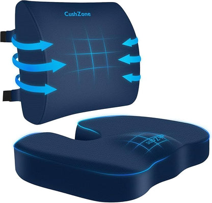 CushZone Seat Cushion, Lumbar Support Pillow with Adjustable Strap-Chair Cushions for Sciatica Pain Relief-with Washable Cover Memory Foam for Car, Travel and Wheelchair-Blue
