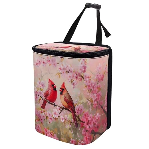 Cherry Blossom Cardinal Bird Print Car Trash Can with Lid Car Accessories for Men Women Trash Bin Hanging Back of Seat Collapsible Leak Proof Multipurpose Vehicle Garbage Can