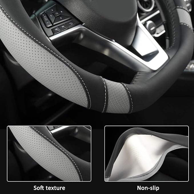 West Llama Flat Bottom Car Steering Wheel Cover for Nissan,D Shaped Steering Wheel Cover for Rogue,Altima,Kicks (Black+Gray-Standard Size)