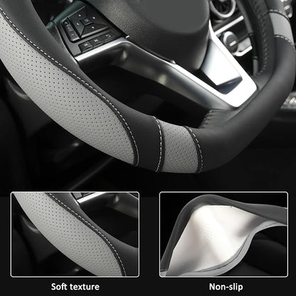West Llama Flat Bottom Car Steering Wheel Cover for Nissan,D Shaped Steering Wheel Cover for Rogue,Altima,Kicks (Black+Gray-Standard Size)